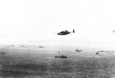 Aerial photo from IWM archive, taken from RAF reconnaissance plane in May 1940, of rescue ships and boats approaching Dunkirk waters